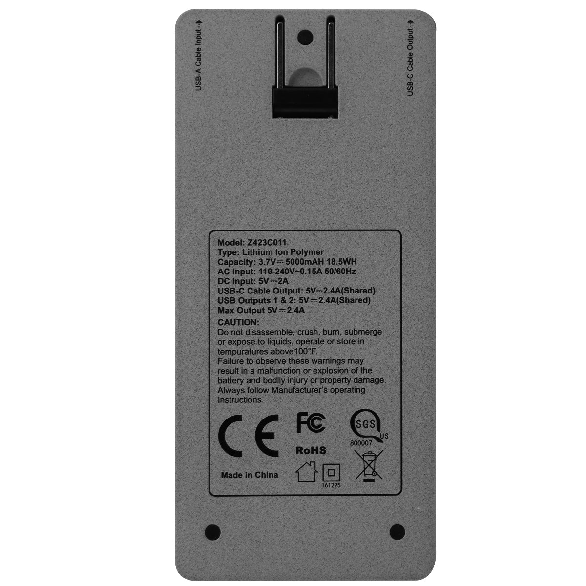 Zipkord 2.4 Amp 5,000 mAh Portable Power Bank with USB-C Connector - Gray Cell Phone - Chargers & Cradles ZipKord - Simple Cell Bulk Wholesale Pricing - USA Seller