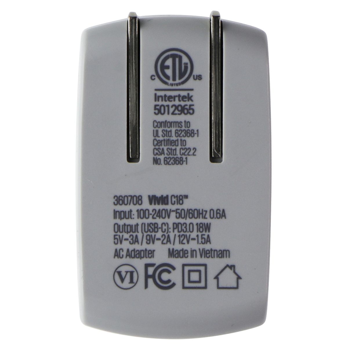 360 Electrical Vivid C18 (18-Watt) USB-C Wall Charger/Adapter - White Cell Phone - Chargers & Cradles 360 Electrical    - Simple Cell Bulk Wholesale Pricing - USA Seller