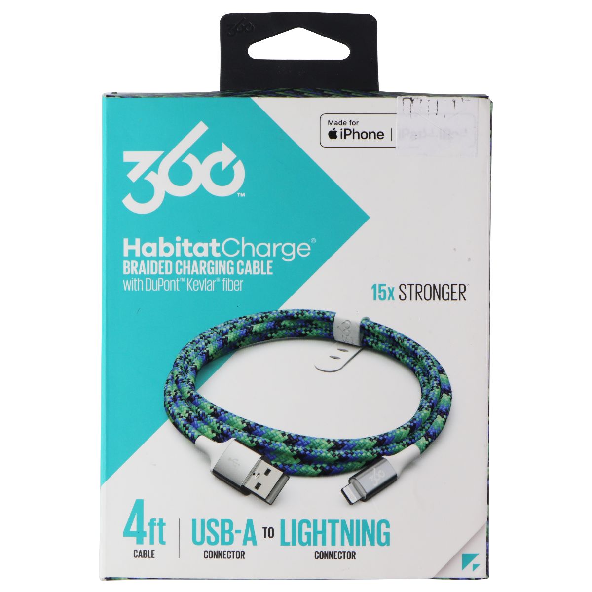 360 (4ft) HabitatCharge USB-A to 8-Pin Lightning Braided Cable - Turquoise Cell Phone - Cables & Adapters 360 Electrical    - Simple Cell Bulk Wholesale Pricing - USA Seller
