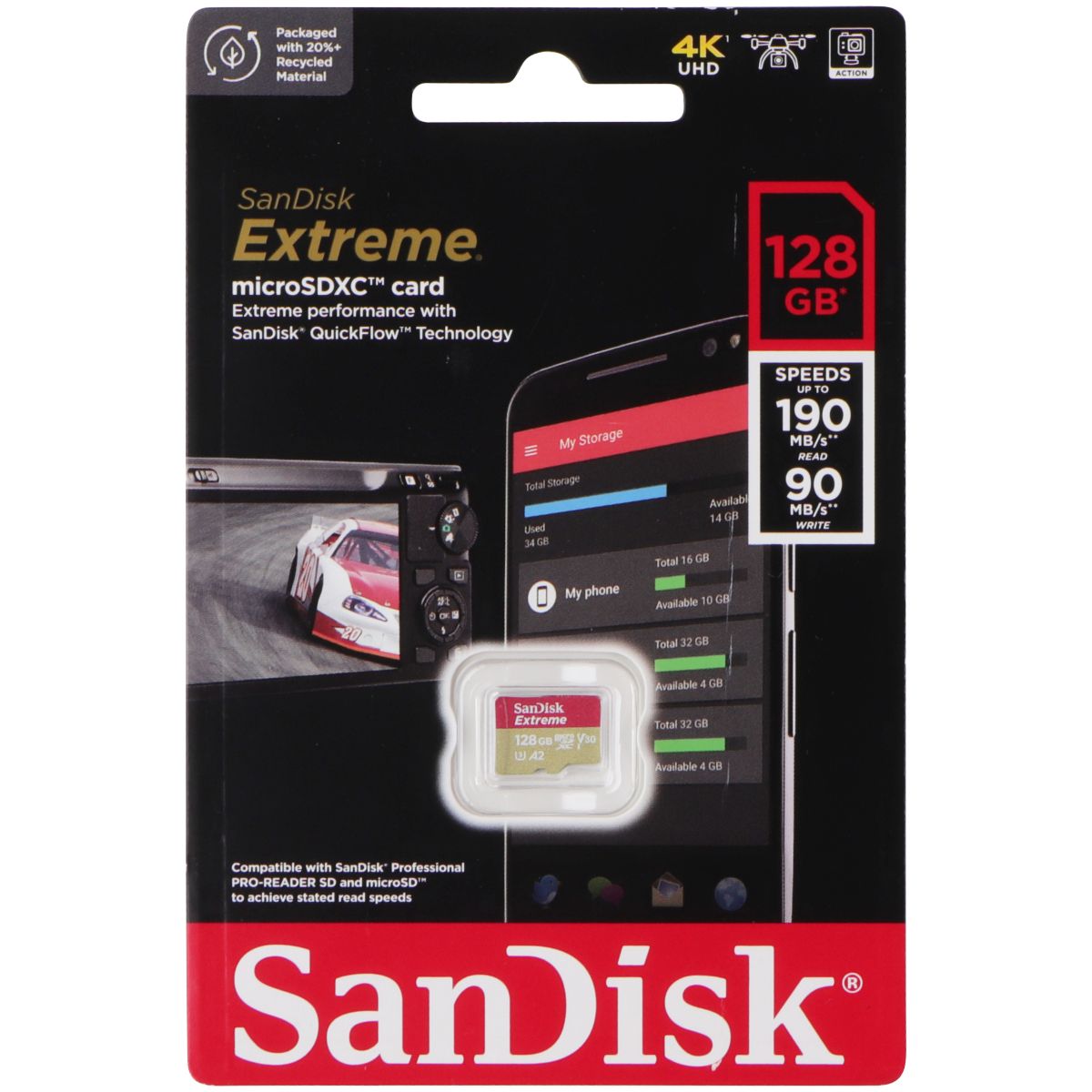 SanDisk Extreme microSDXC Memory Card (128GB) 4K UHD 190MB/s Read/90MB/s Write Digital Camera - Memory Cards SanDisk    - Simple Cell Bulk Wholesale Pricing - USA Seller