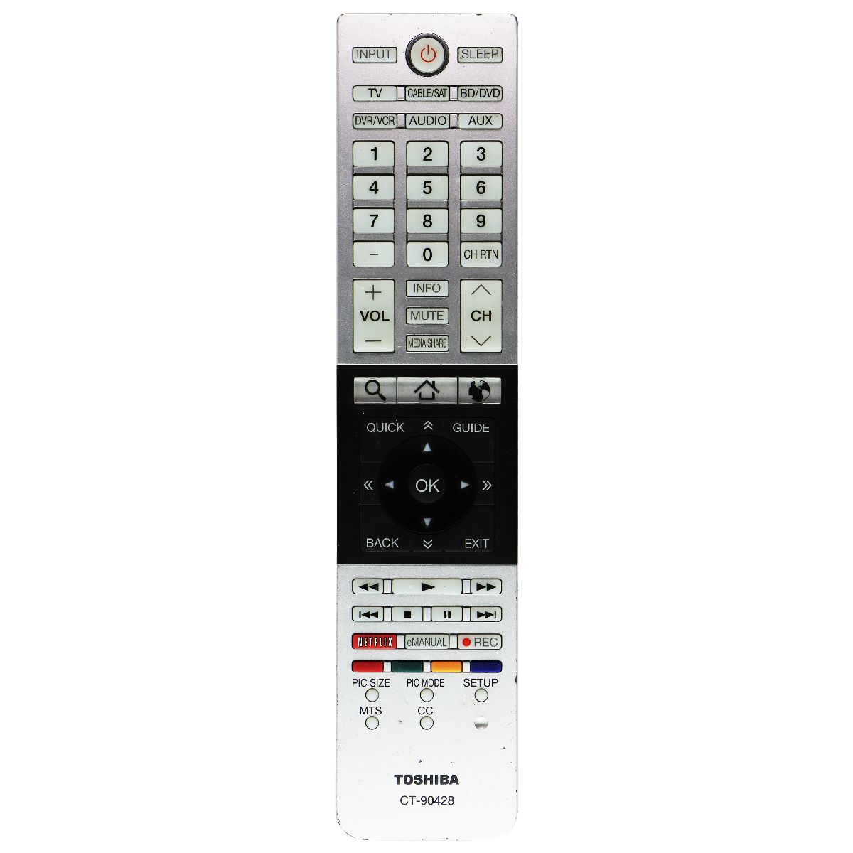 Toshiba OEM CT-90428 TV Remote with Netflix and Internet Controls - Silver/Black TV, Video & Audio Accessories - Remote Controls Toshiba    - Simple Cell Bulk Wholesale Pricing - USA Seller