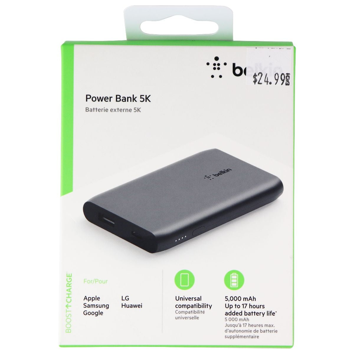 Belkin BoostCharge 5,000mAh Portable Power Bank with USB and USB-C Ports Cell Phone - Chargers & Cradles Belkin    - Simple Cell Bulk Wholesale Pricing - USA Seller