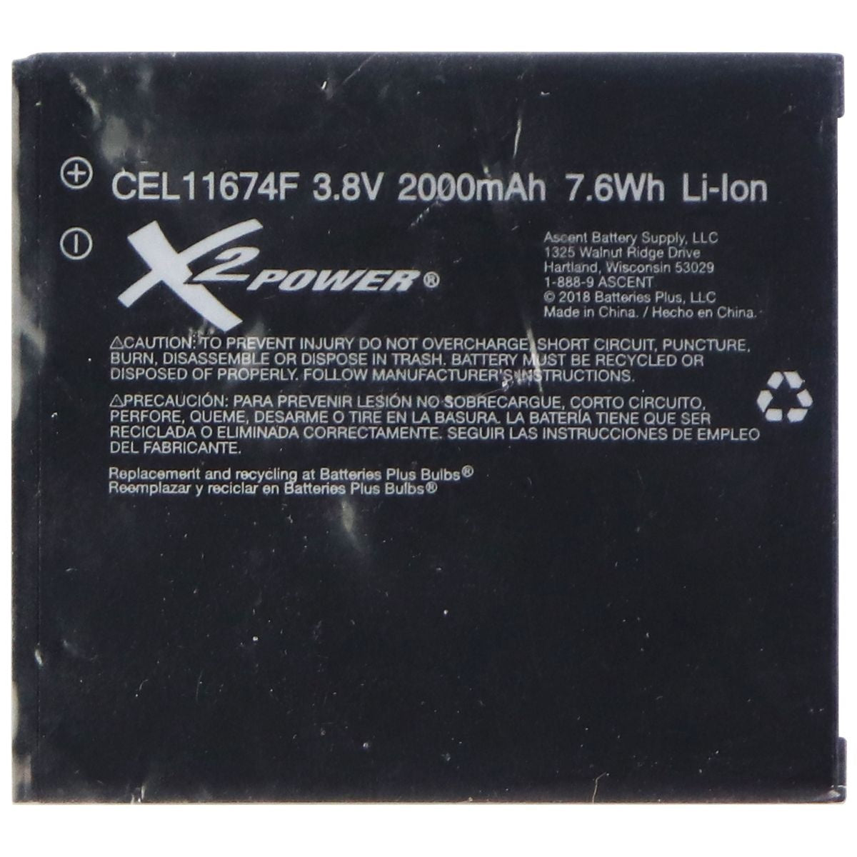 X2 Power Rechargeable Li-Ion Battery 2000mAh (CEL11674F) Cell Phone - Batteries X2Power    - Simple Cell Bulk Wholesale Pricing - USA Seller