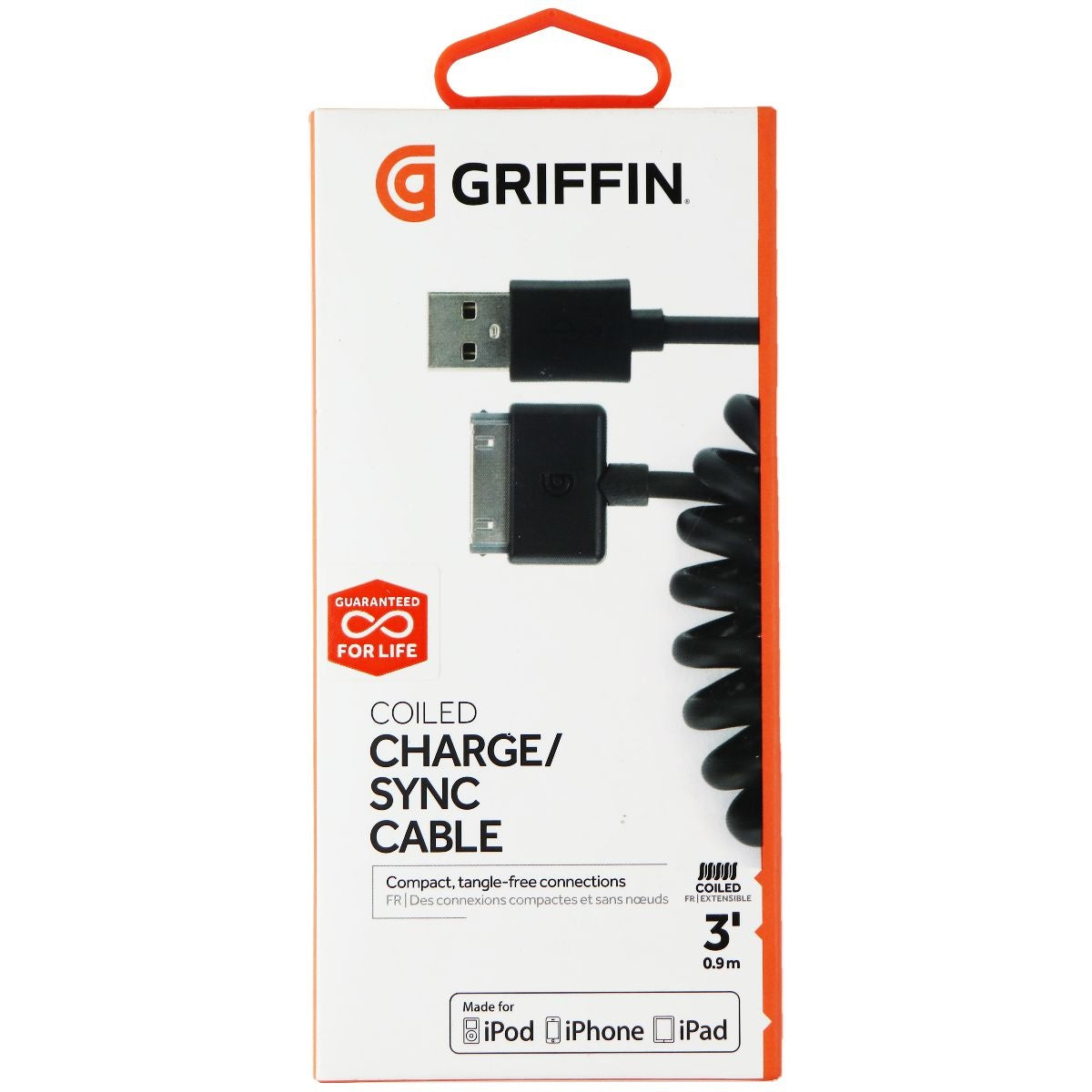 Griffin Coiled 30-Pin Charge/Sync Cable for Apple iPod/iPhone/iPad - Black Cell Phone - Cables & Adapters Griffin    - Simple Cell Bulk Wholesale Pricing - USA Seller