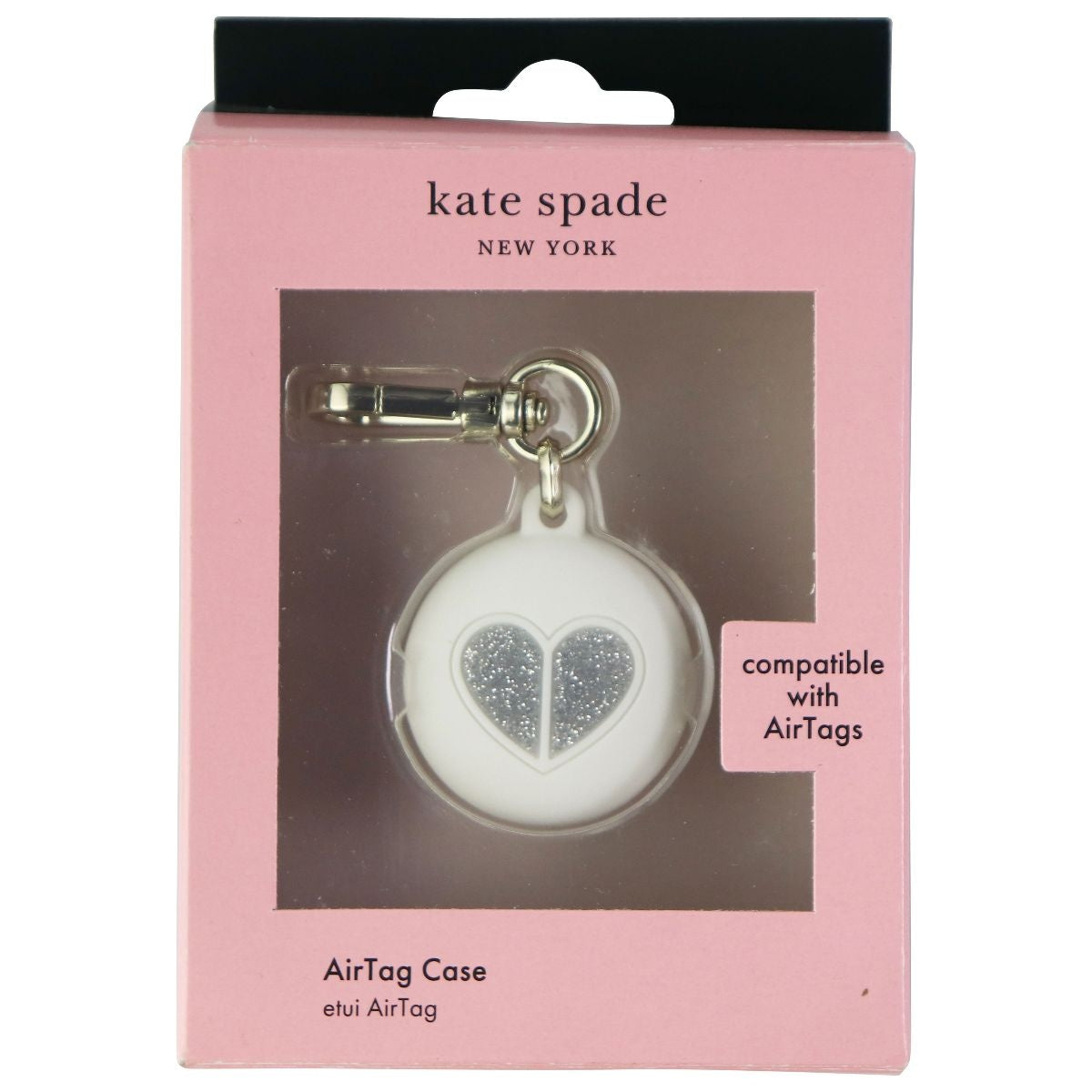 Kate Spade New York Silicone Case for Apple AirTag - White/Silver Glitter Heart Cell Phone - Cases, Covers & Skins Kate Spade    - Simple Cell Bulk Wholesale Pricing - USA Seller
