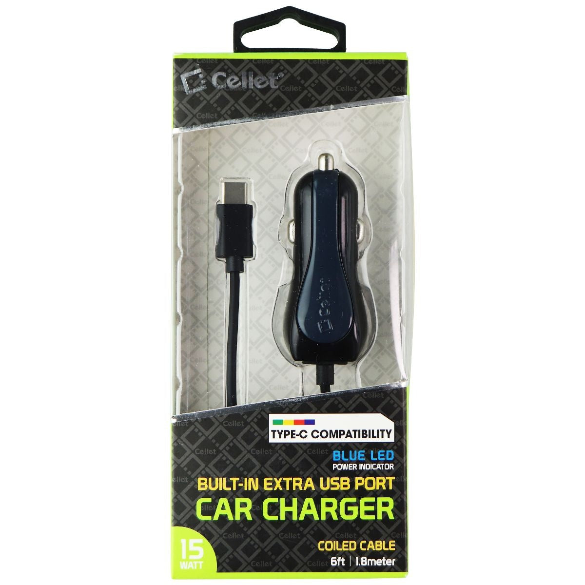 Cellet USB-C Car Charger with Built-In USB Port (6FT) - Black Cell Phone - Chargers & Cradles Cellet    - Simple Cell Bulk Wholesale Pricing - USA Seller