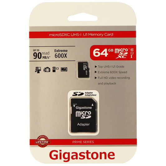 Gigastone Prime 64GB Micro SDXC UHS-1 Class 10 90MBs Memory Card and Adapter Cell Phone - Memory Cards Gigastone    - Simple Cell Bulk Wholesale Pricing - USA Seller