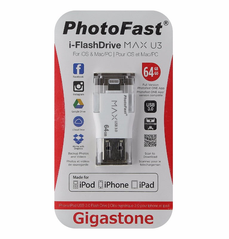 PhotoFast Gigastone USB 3.0 i-FlashDrive MAX U3 for iOS - White 64GB Digital Storage - USB Flash Drives Gigastone    - Simple Cell Bulk Wholesale Pricing - USA Seller