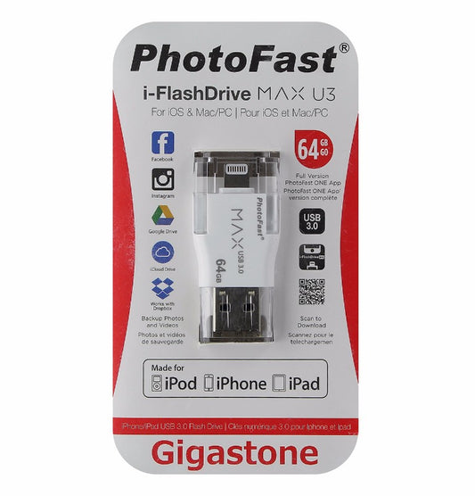 PhotoFast Gigastone USB 3.0 i-FlashDrive MAX U3 for iOS - White 64GB Digital Storage - USB Flash Drives Gigastone    - Simple Cell Bulk Wholesale Pricing - USA Seller