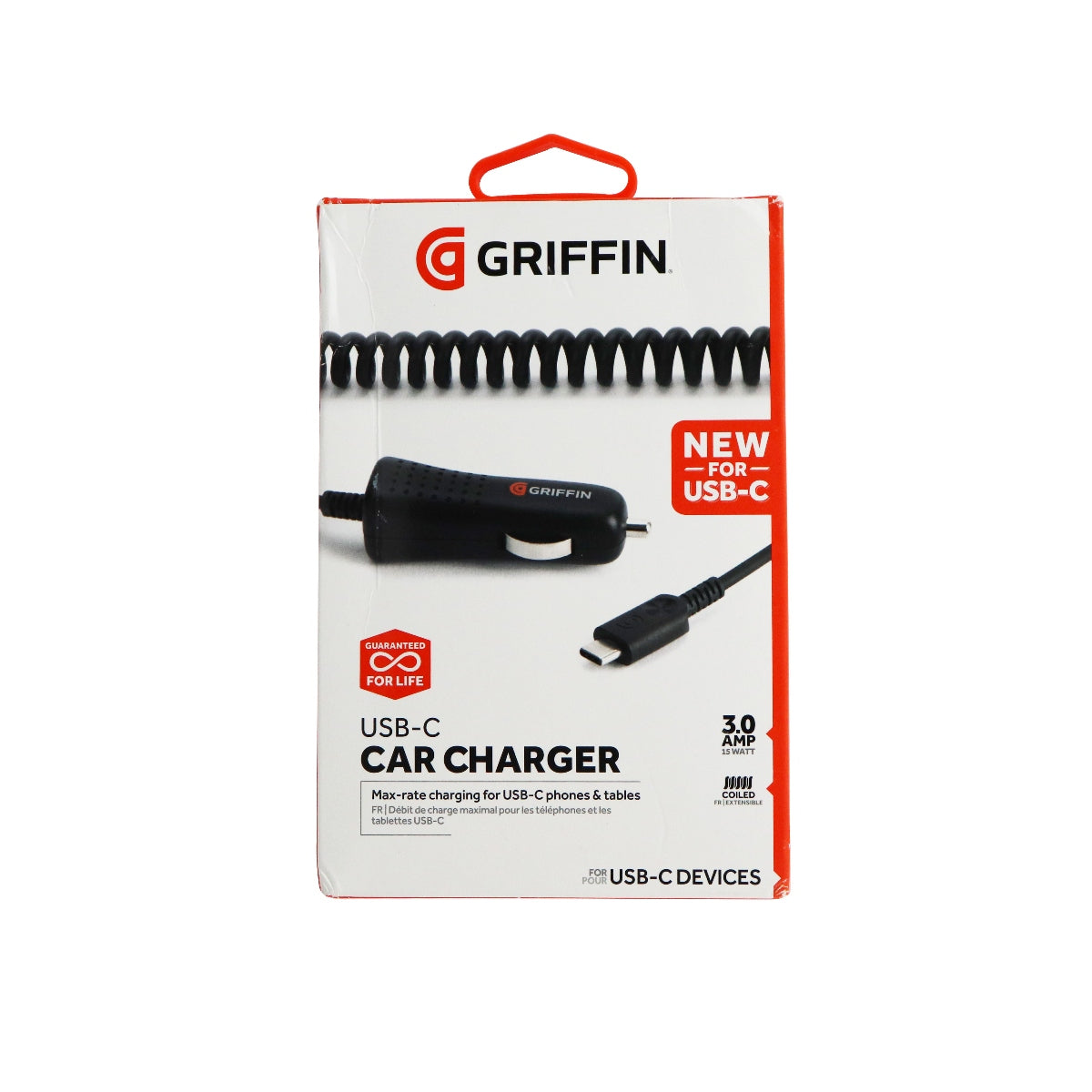 Griffin PowerJolt SE 3FT USB-C (Type C) 15W 3A Coiled Car Charger - Black Cell Phone - Chargers & Cradles Griffin    - Simple Cell Bulk Wholesale Pricing - USA Seller