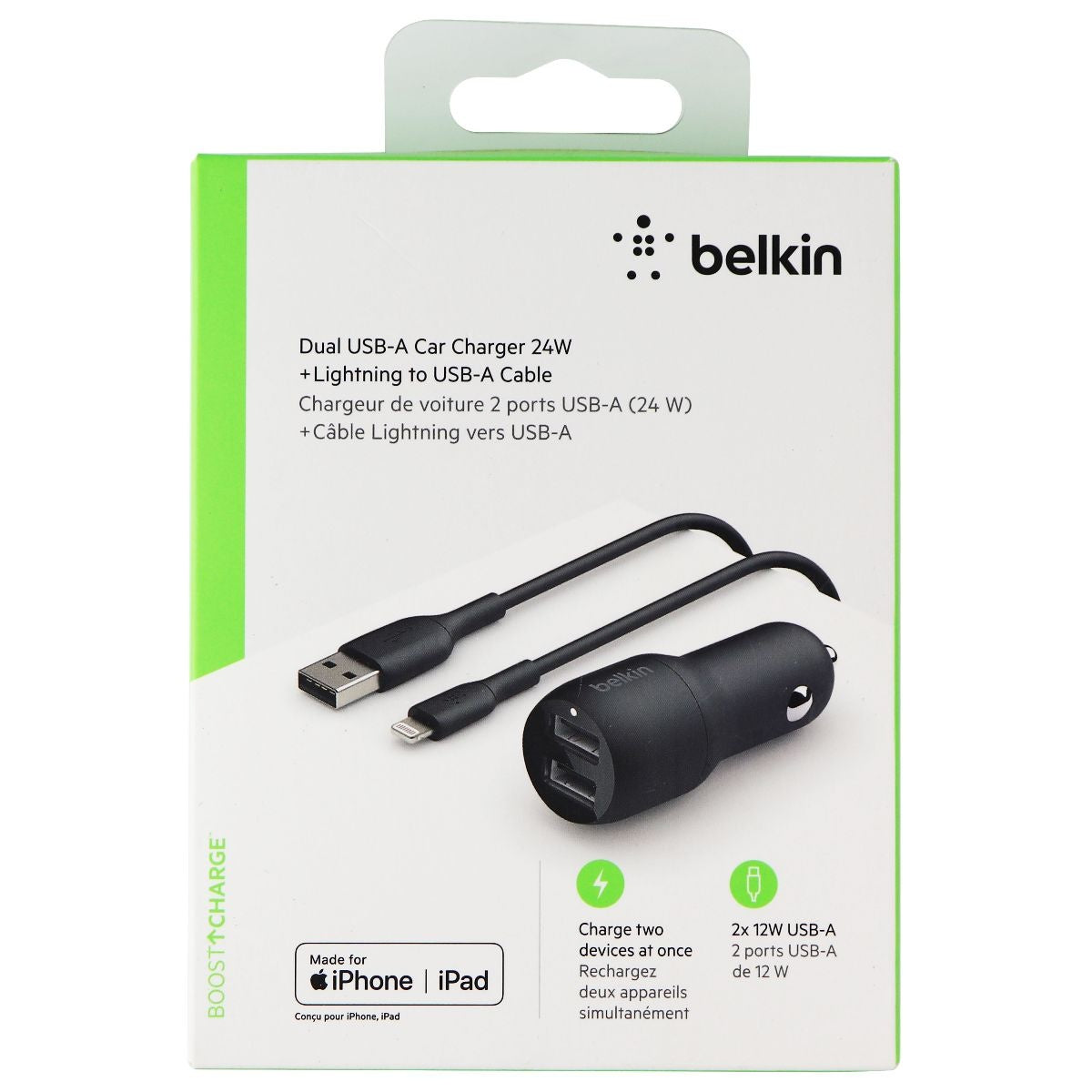 Belkin Dual USB Car Charger 24W + 8-Pin to USB Cable (3.3ft) - Black Cell Phone - Chargers & Cradles Belkin    - Simple Cell Bulk Wholesale Pricing - USA Seller