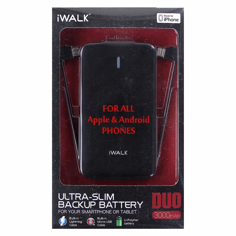 iWalk Ultra-Slim 3000mAh Backup Battery w/ Micro-USB and Cable for iPhone- Black Cell Phone - Chargers & Cradles iWalk    - Simple Cell Bulk Wholesale Pricing - USA Seller