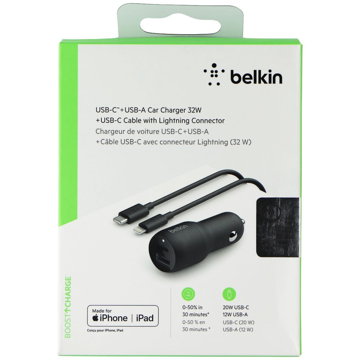Belkin 32-Watt USB-A and USB-C Car Adapter + MFi Cable for iPhone - Black Cell Phone - Chargers & Cradles Belkin    - Simple Cell Bulk Wholesale Pricing - USA Seller