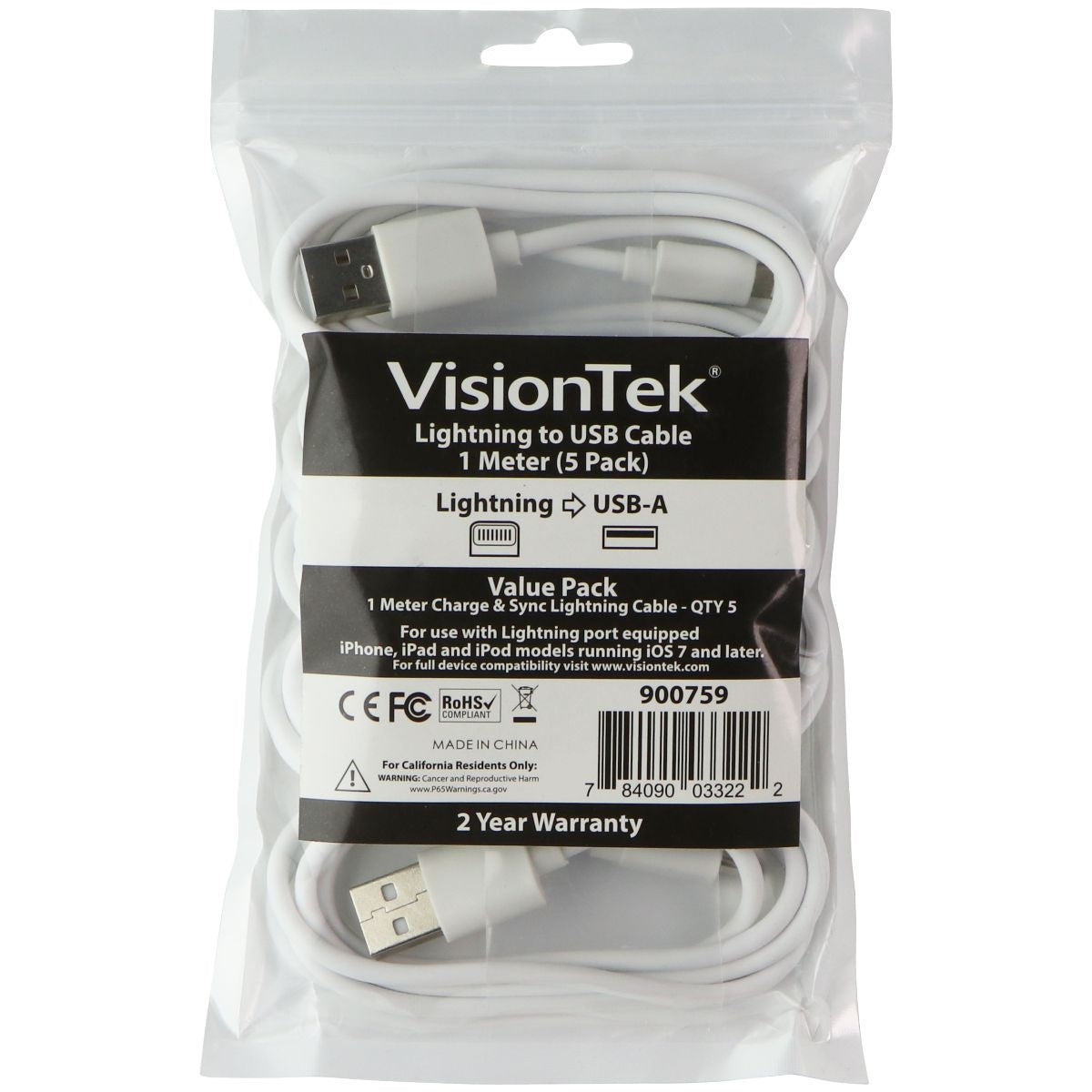 VisionTek Lightning 8-Pin to USB-A (1M/3.2FT Cable) - White (900759) 5 Pack Cell Phone - Cables & Adapters VisionTek    - Simple Cell Bulk Wholesale Pricing - USA Seller