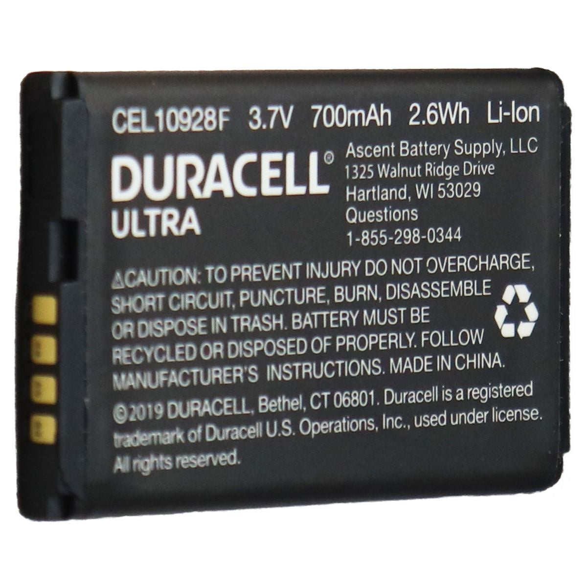 Duracell Ultra OEM Rechargeable 3.7V 700mAh Li-ion Battery - Black (CEL10928F) Cell Phone - Batteries Duracell    - Simple Cell Bulk Wholesale Pricing - USA Seller