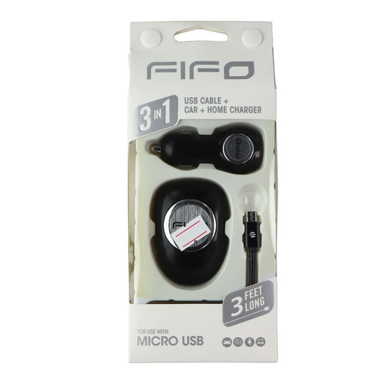 FIFO 3-in-1 (3-Ft) Micro-USB Cable with Car and Wall Adapters - Black Cell Phone - Chargers & Cradles FIFO    - Simple Cell Bulk Wholesale Pricing - USA Seller