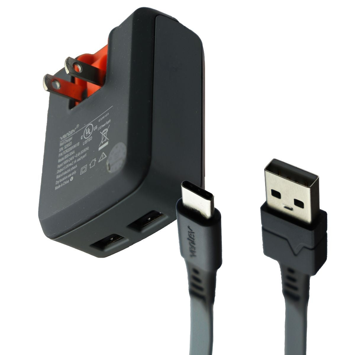 Ventev Dual USB Wall Charger and and 3.3-Ft USB-C Charge/Sync Cable - Gray Cell Phone - Chargers & Cradles Ventev    - Simple Cell Bulk Wholesale Pricing - USA Seller