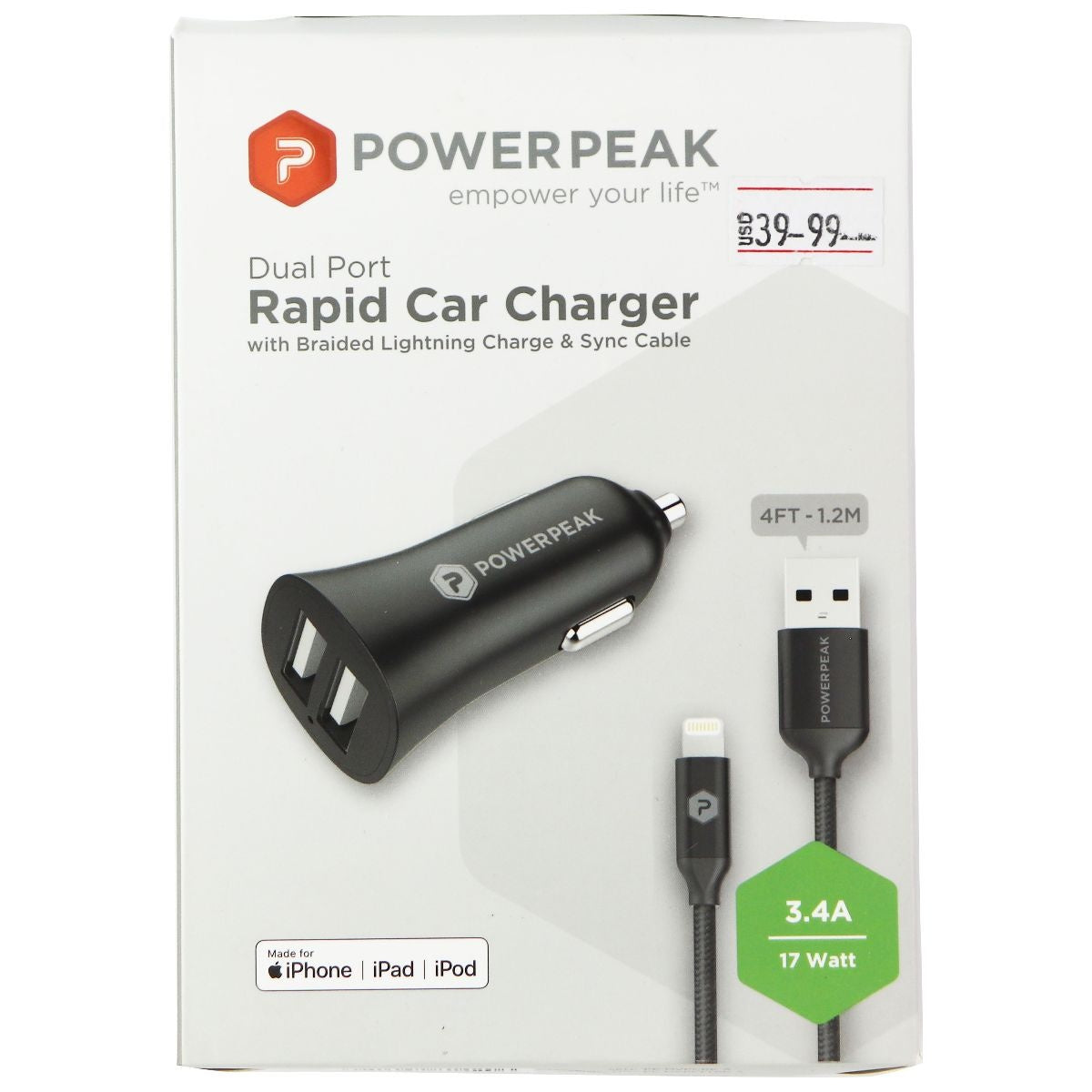 PowerPeak (3.4A) Dual USB Car Charger with 4-Ft MFi Cable for iPhone - Black Cell Phone - Chargers & Cradles PowerPeak    - Simple Cell Bulk Wholesale Pricing - USA Seller