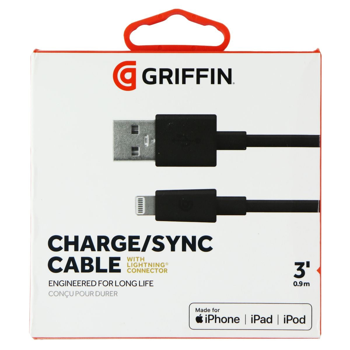 Griffin USB to Lighting Cable - Syncs iPad, iPod, or iPhone - 3 Feet, Black Cell Phone - Chargers & Cradles Griffin    - Simple Cell Bulk Wholesale Pricing - USA Seller