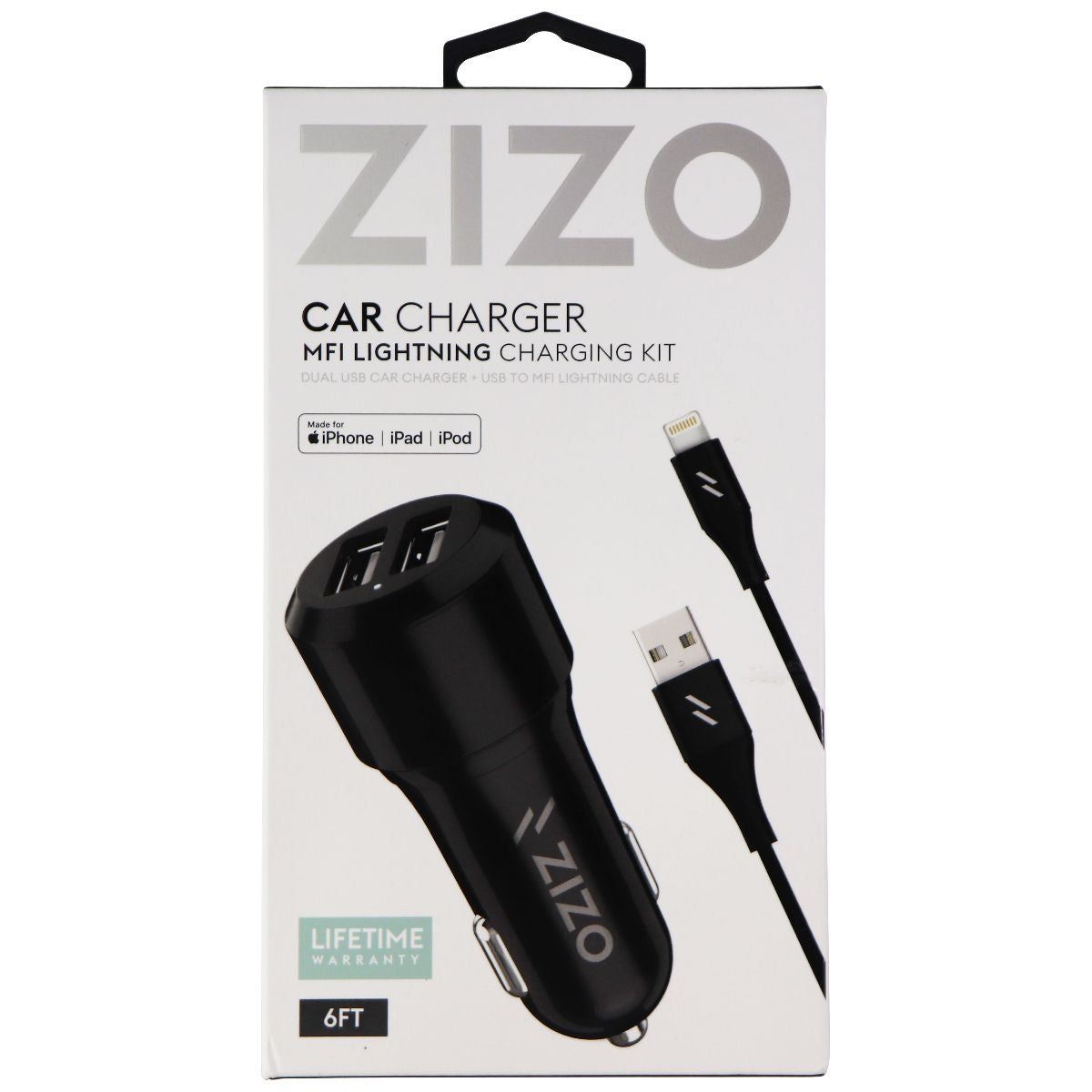 Zizo Dual Port Car Charger with (6-Foot) Lightning 8-Pin MFi Cable - Black Cell Phone - Chargers & Cradles Zizo    - Simple Cell Bulk Wholesale Pricing - USA Seller