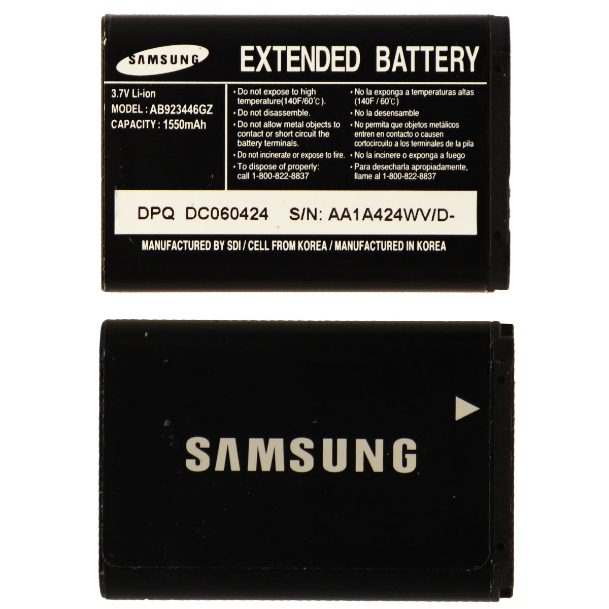 Samsung OEM Extended 1550mAh Li-ion Battery (AB923446GZ) 3.7V for A930 U620 A990 Cell Phone - Batteries Samsung    - Simple Cell Bulk Wholesale Pricing - USA Seller