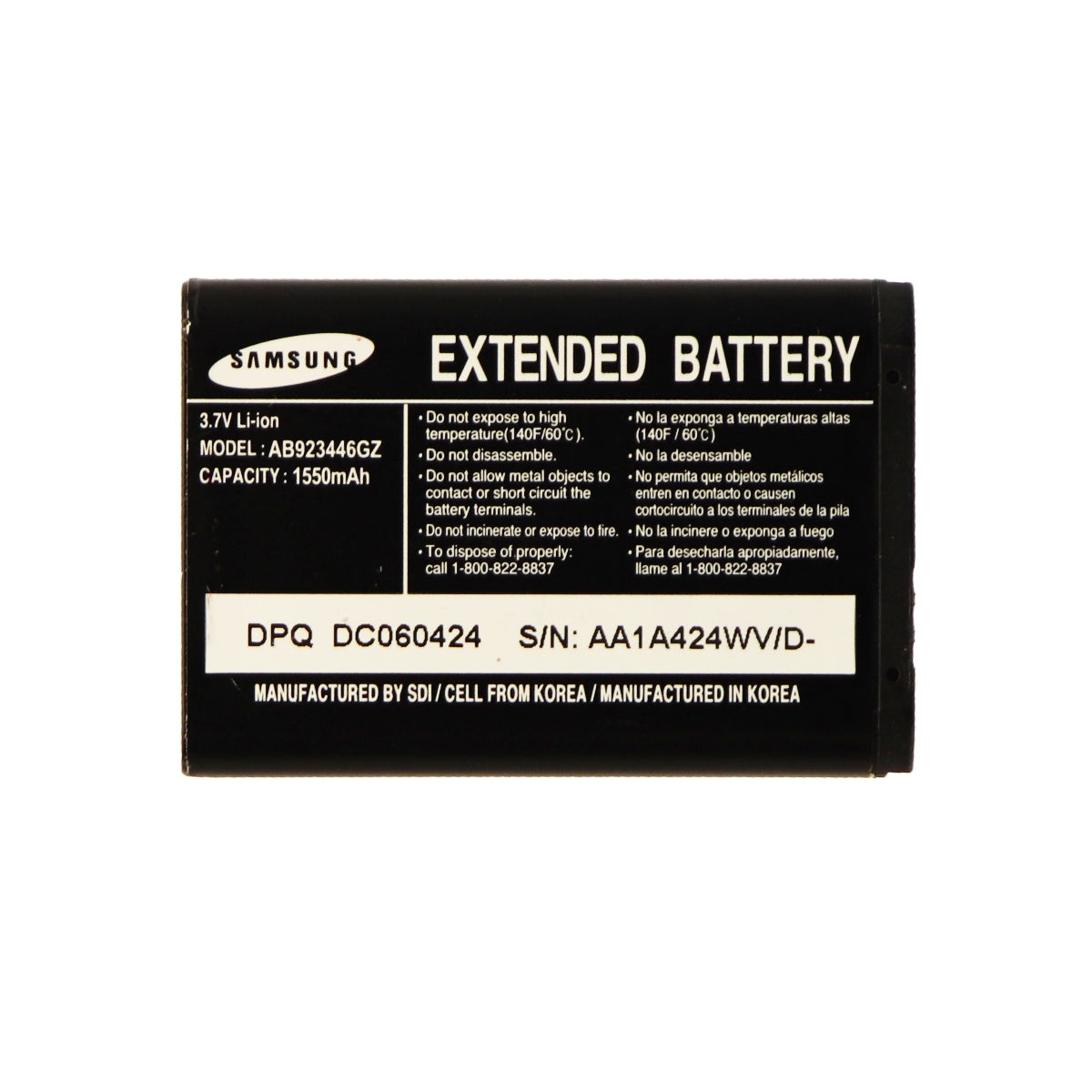 Samsung OEM Extended 1550mAh Li-ion Battery (AB923446GZ) 3.7V for A930 U620 A990 Cell Phone - Batteries Samsung    - Simple Cell Bulk Wholesale Pricing - USA Seller