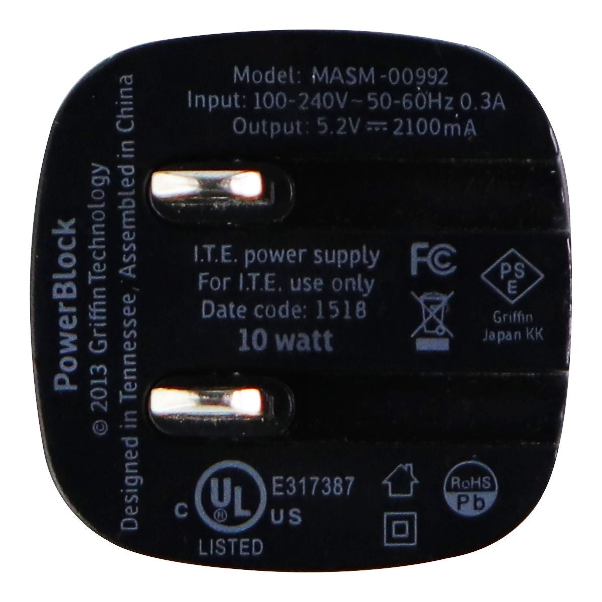 Griffin PowerBlock Single USB (5.2V / 2.1A) Wall Charger - Black (MASM-00992) Cell Phone - Chargers & Cradles Griffin    - Simple Cell Bulk Wholesale Pricing - USA Seller