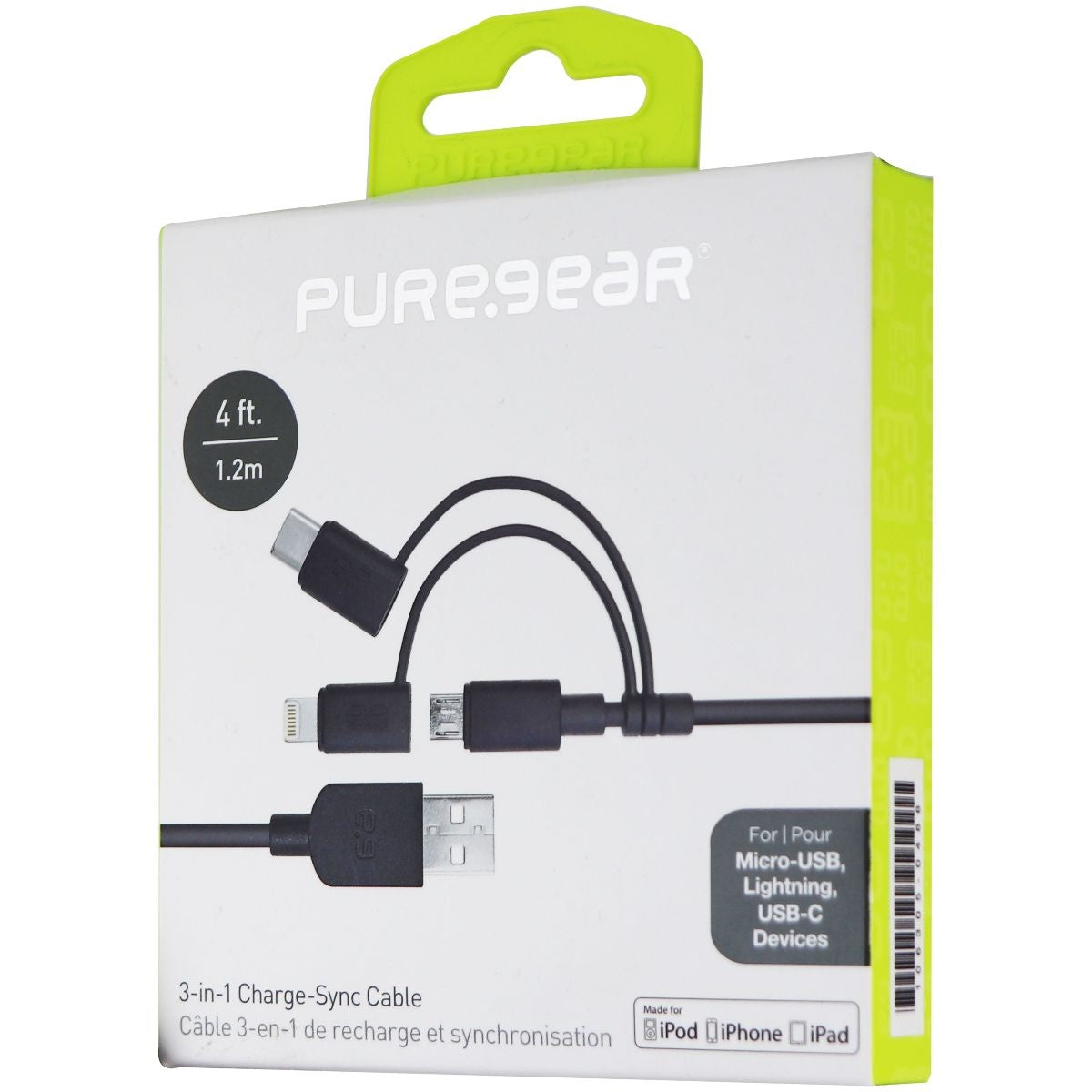 PureGear 4ft Charge-Sync Cable with USB-C, Micro USB, & Apple Adapter - Black Cell Phone - Cables & Adapters PureGear    - Simple Cell Bulk Wholesale Pricing - USA Seller