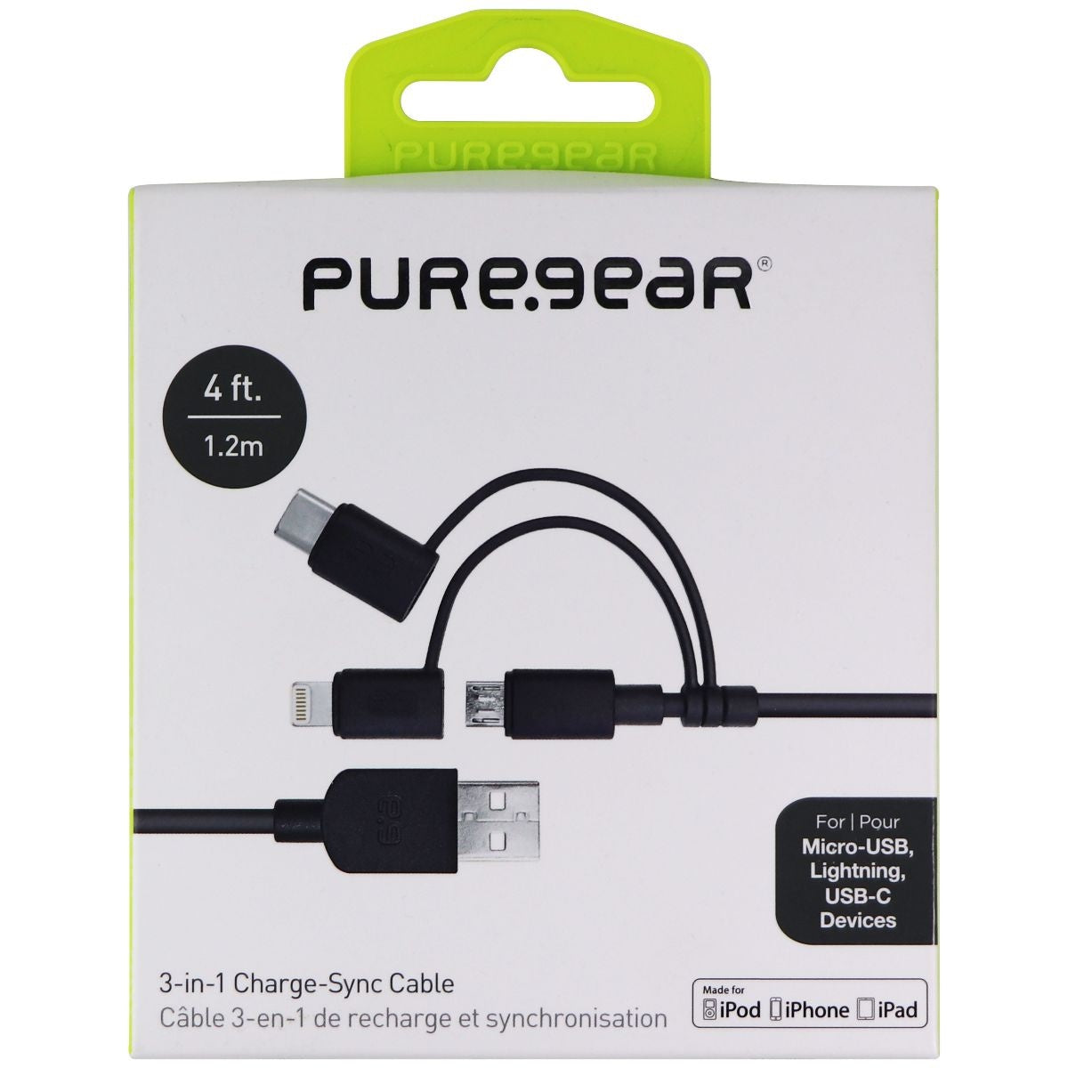 PureGear 4ft Charge-Sync Cable with USB-C, Micro USB, & Apple Adapter - Black Cell Phone - Cables & Adapters PureGear    - Simple Cell Bulk Wholesale Pricing - USA Seller
