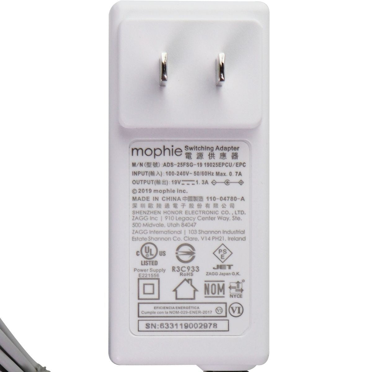 Mophie 19V/1.3A Wall Charger Switching Adapter/Power Supply - White ADS-25FSG-19 Multipurpose Batteries & Power - Multipurpose AC to DC Adapters Mophie    - Simple Cell Bulk Wholesale Pricing - USA Seller