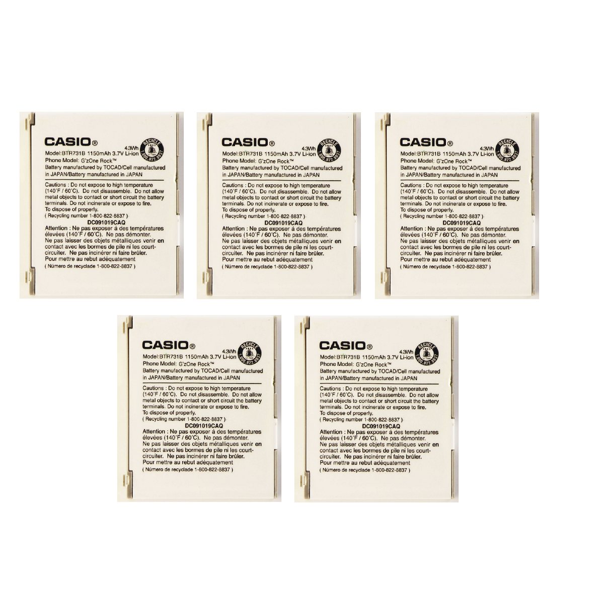 KIT 5x OEM Casio BTR731B 1150 mAh Replacement Battery for GzOne Rock Cell Phone - Batteries Casio    - Simple Cell Bulk Wholesale Pricing - USA Seller