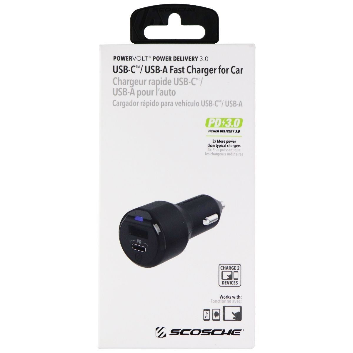 Scosche PowerVolt 3.0 USB-C & USB-A Fast Charger for Cars & Vehicles - Black Cell Phone - Chargers & Cradles Scosche    - Simple Cell Bulk Wholesale Pricing - USA Seller