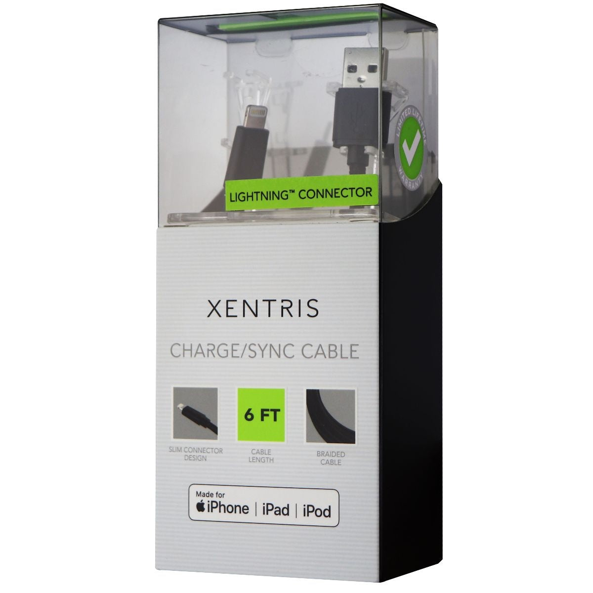 Xentris (6-Foot) Lightning 8-Pin to USB Charge and Sync Braided Cable - Black Cell Phone - Cables & Adapters Xentris Wireless    - Simple Cell Bulk Wholesale Pricing - USA Seller