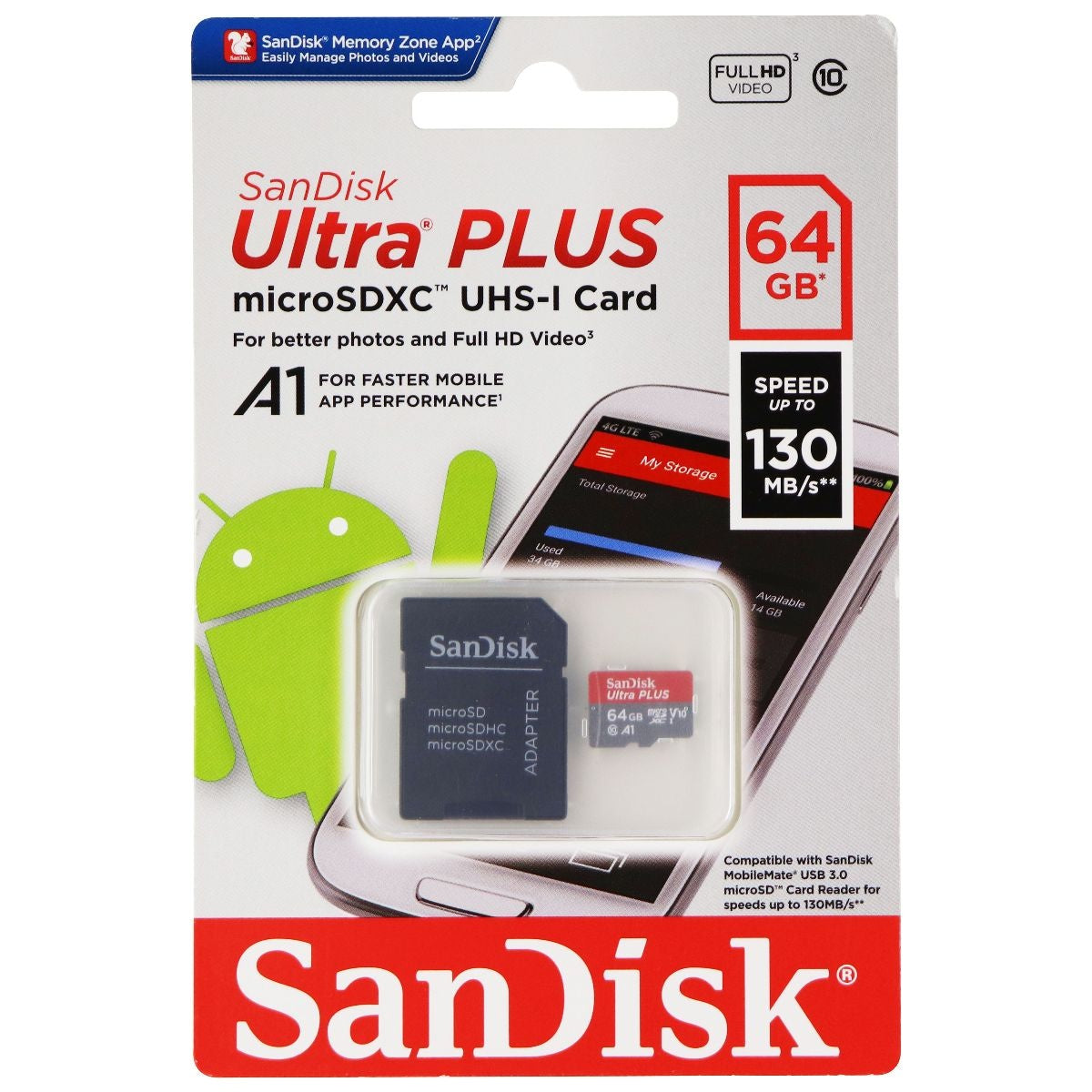 SanDisk Ultra Plus microSDXC UHS-1 Card with Adapter - (64GB / 130MB/s) Cell Phone - Memory Cards SanDisk    - Simple Cell Bulk Wholesale Pricing - USA Seller