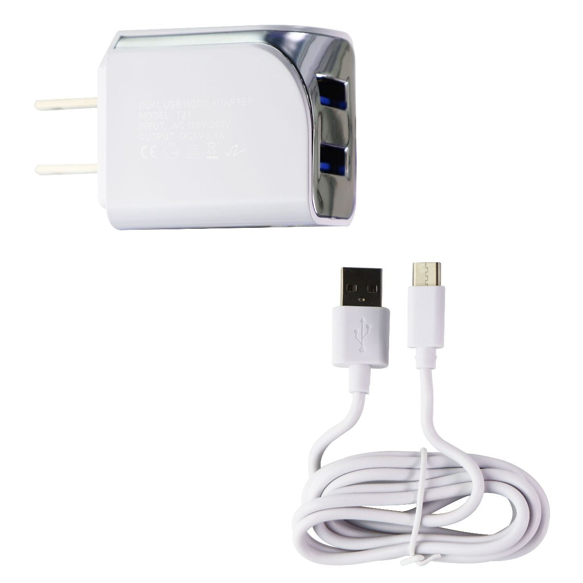 NEM (3.1A) Dual USB Wall Charger/Adapter and 5-Ft (USB-C) Cable - White Cell Phone - Chargers & Cradles NEM    - Simple Cell Bulk Wholesale Pricing - USA Seller