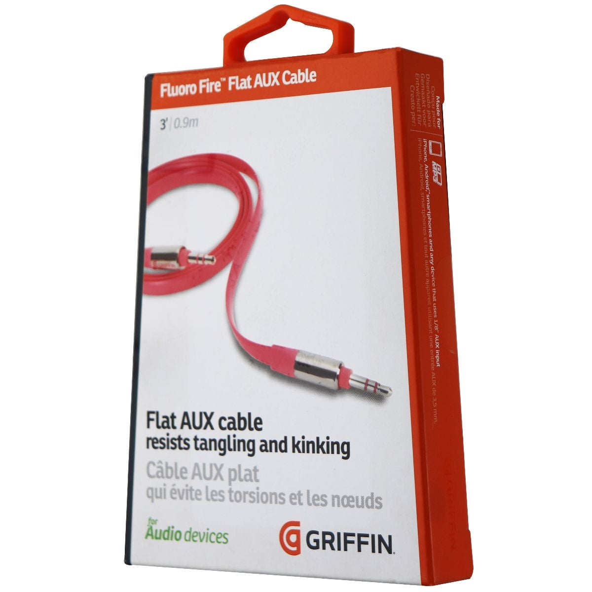 Griffin Universal 3Ft Tangle Free 3.5mm Audio Aux Cable for Music & More - Pink Computer/Network - Audio Cables & Adapters Griffin    - Simple Cell Bulk Wholesale Pricing - USA Seller