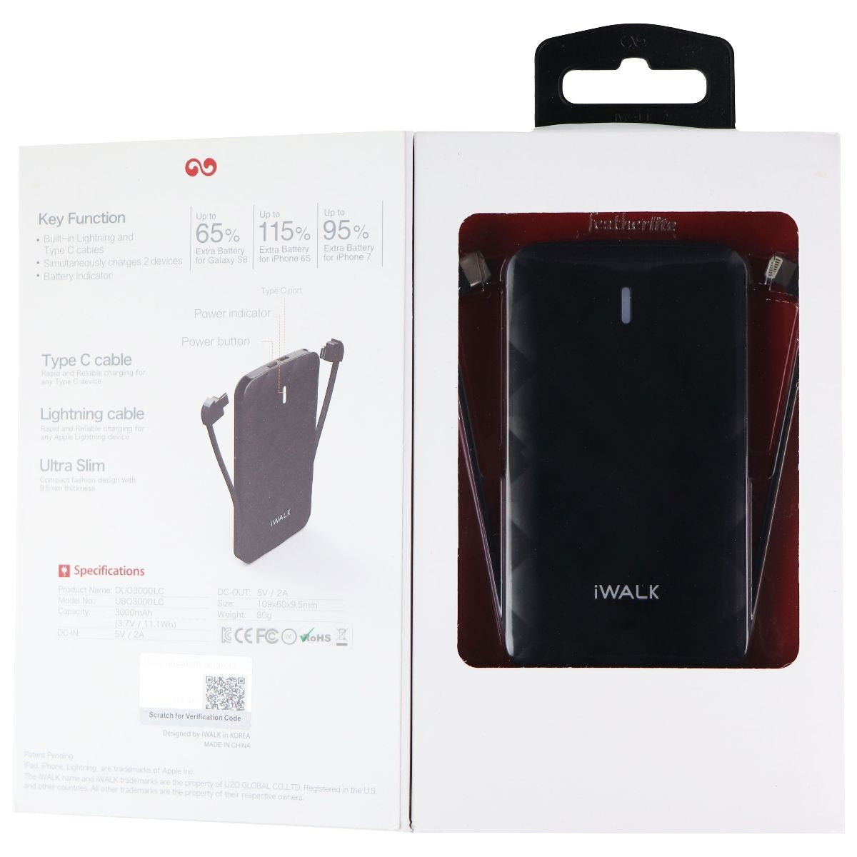 iWalk 3000mAh Ultra-Slim Backup Battery made for iPhone - Black Cell Phone - Chargers & Cradles iWalk    - Simple Cell Bulk Wholesale Pricing - USA Seller
