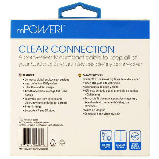 mWorks! mPower! 6-Foot Flexible and Flat High Speed HDMI Cable - Black TV, Video & Audio Accessories - Video Cables & Interconnects mWorks!    - Simple Cell Bulk Wholesale Pricing - USA Seller