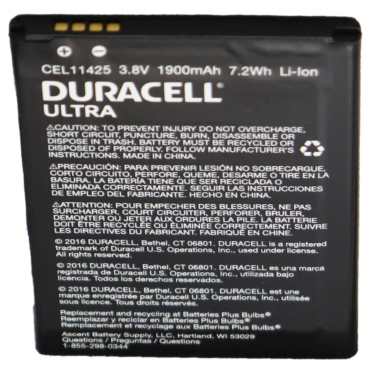 Duracell Ultra OEM Rechargeable 3.8V 1900mAh Battery (CEL11425) Black Cell Phone - Batteries Duracell    - Simple Cell Bulk Wholesale Pricing - USA Seller