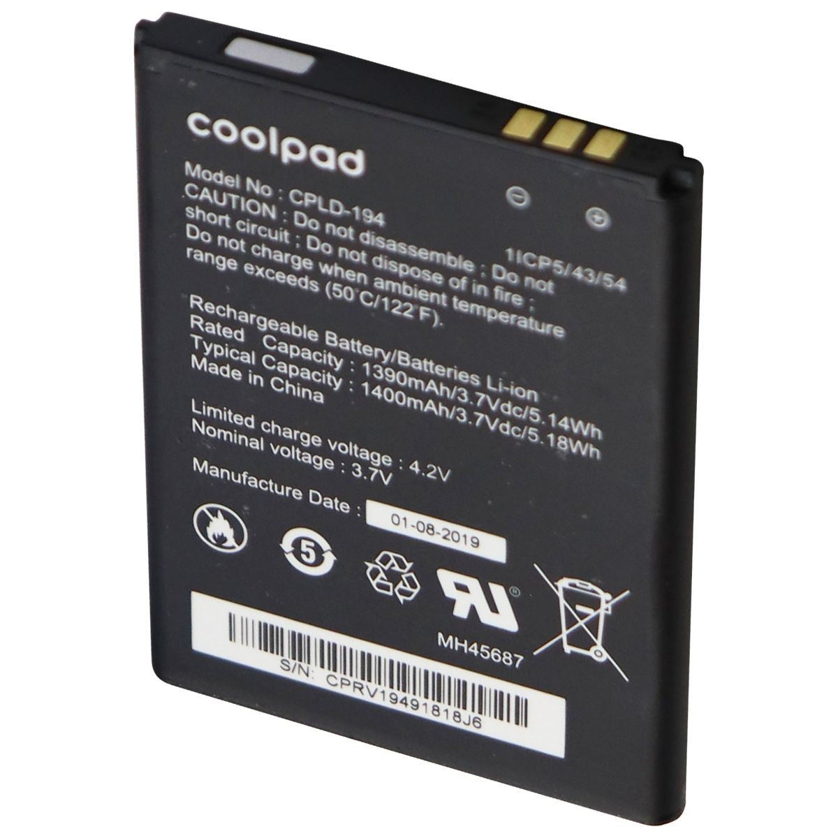 Coolpad OEM Rechargeable 3.7V 1390/1400mAh Battery - Black (CPLD-194) Cell Phone - Batteries Coolpad    - Simple Cell Bulk Wholesale Pricing - USA Seller