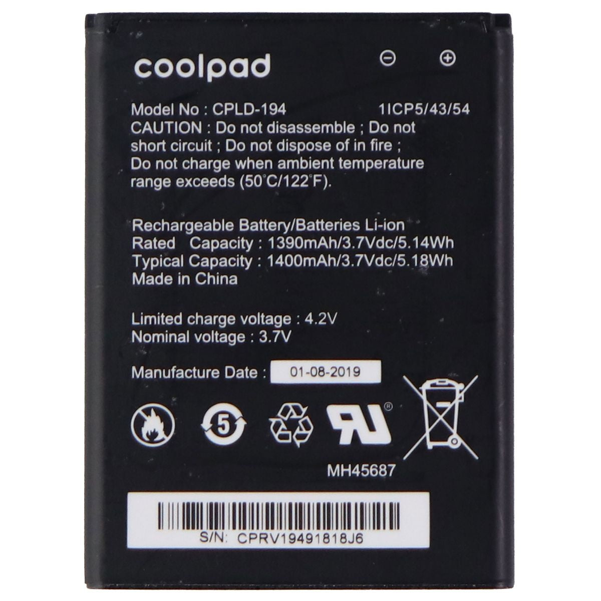 Coolpad OEM Rechargeable 3.7V 1390/1400mAh Battery - Black (CPLD-194) Cell Phone - Batteries Coolpad    - Simple Cell Bulk Wholesale Pricing - USA Seller