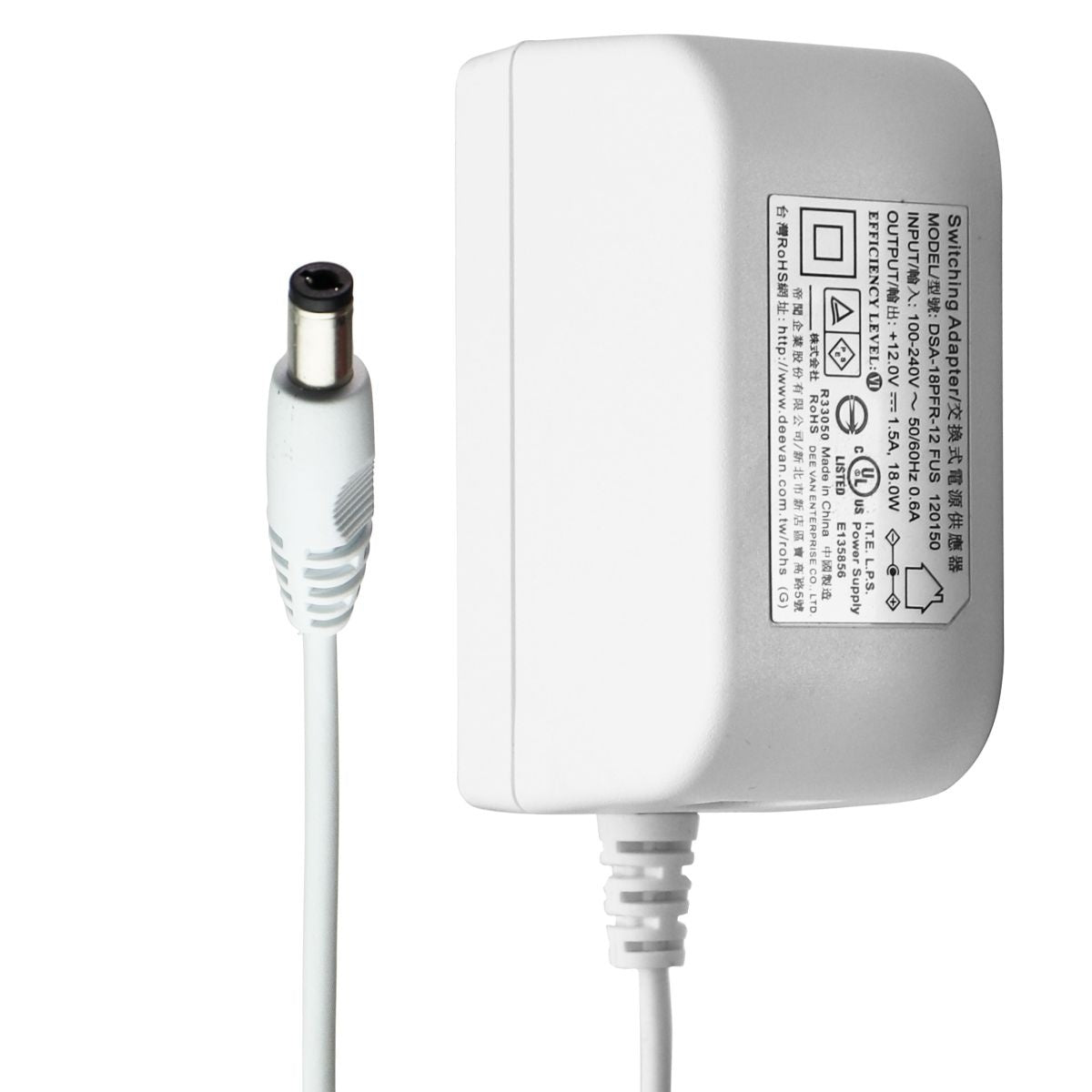 Dee Van (12V/1.5A) 18W Switching Adapter - White (DSA-18FR-12) Multipurpose Batteries & Power - Multipurpose AC to DC Adapters Dee Van Enterprise    - Simple Cell Bulk Wholesale Pricing - USA Seller