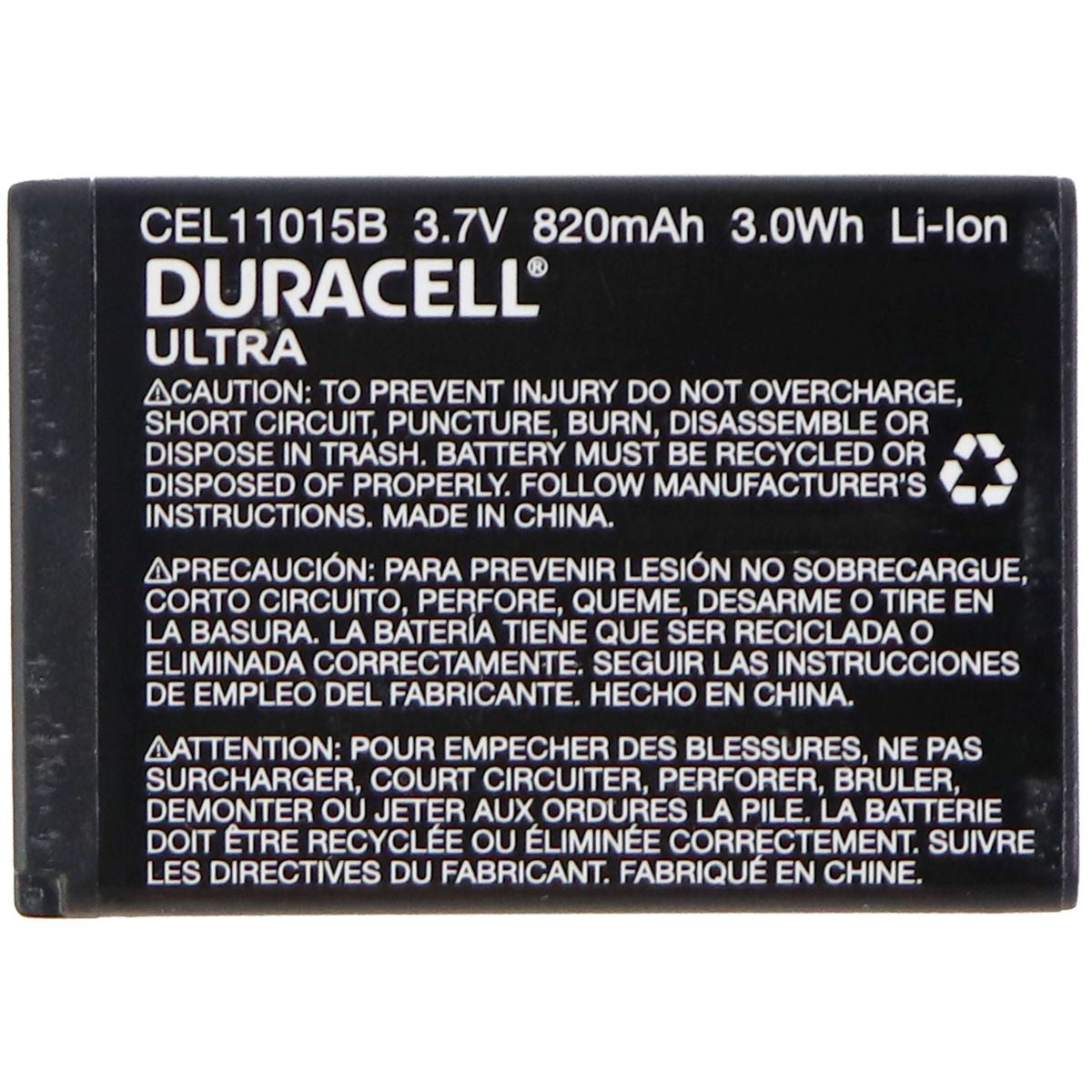 Duracell Ultra Rechargeable (820mAh) 3.7V Battery - Black (CEL11015B) Cell Phone - Batteries Duracell    - Simple Cell Bulk Wholesale Pricing - USA Seller
