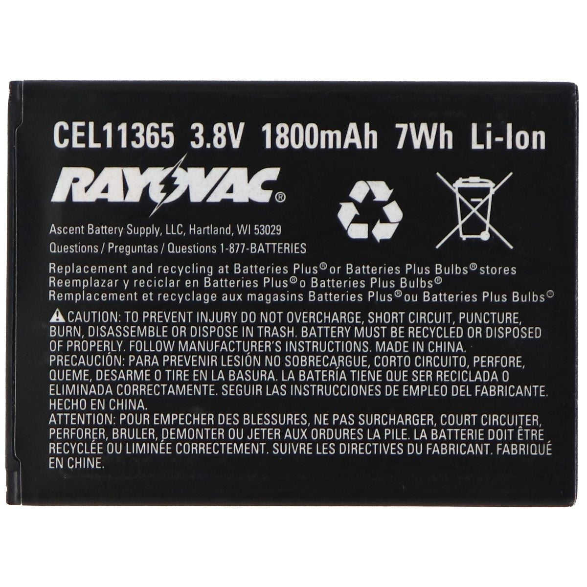 Rayovac OEM Rechargeable 3.8V 1800mAh Battery (CEL11365) Black Cell Phone - Batteries Rayovac    - Simple Cell Bulk Wholesale Pricing - USA Seller