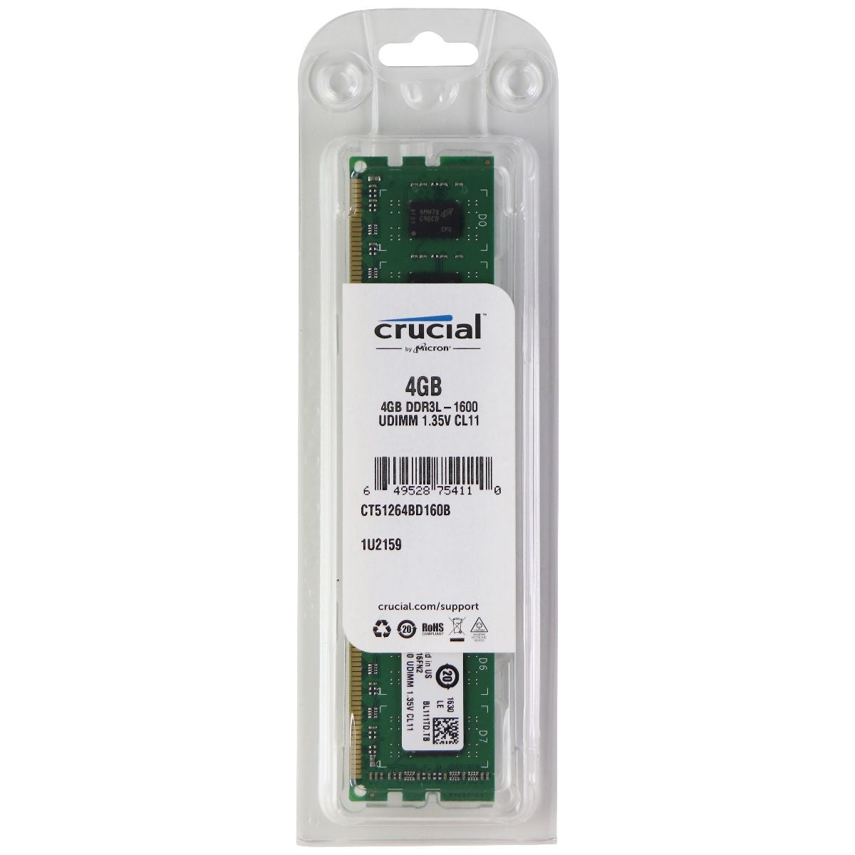 Crucial RAM 4GB DDR3L 1.35V 1600 MHz CL11 Desktop Memory CT51264BD160B Computer Parts - Memory (RAM) Crucial    - Simple Cell Bulk Wholesale Pricing - USA Seller