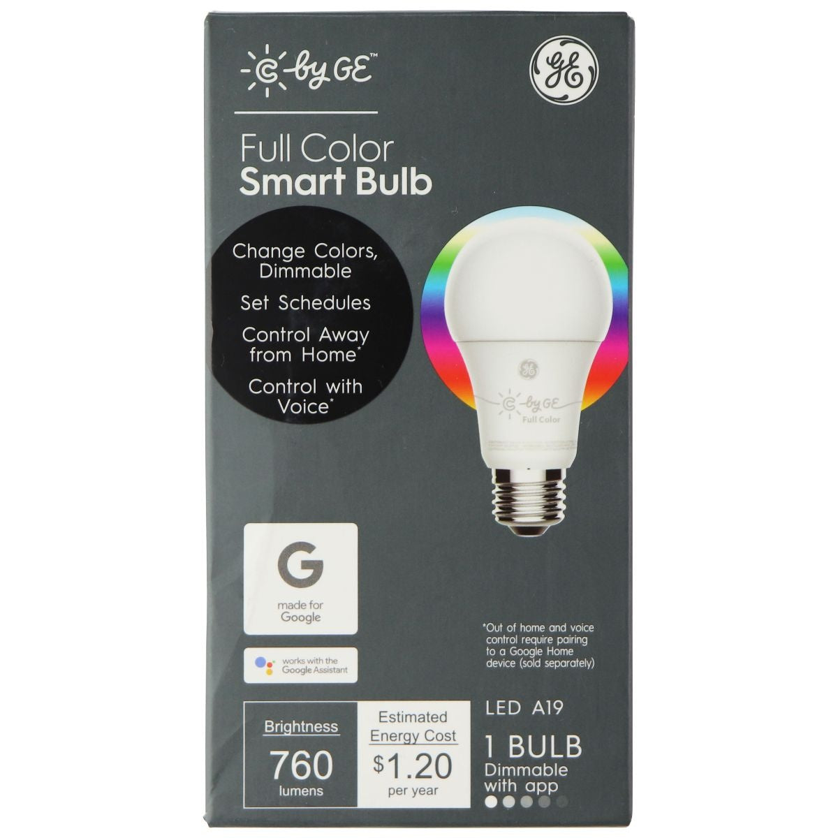GE Full Color LED A19 Smart Bulb with App Control and Works with Google (60Watt) Camera Accessories - Light Bulbs & Tubes GE Lighting    - Simple Cell Bulk Wholesale Pricing - USA Seller