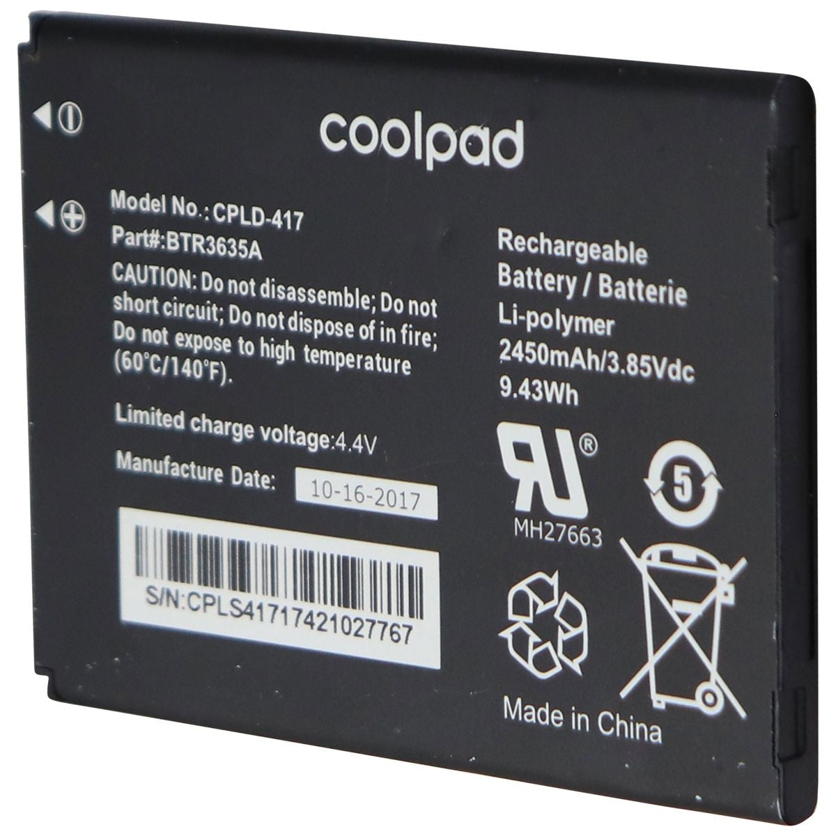 Coolpad Replacement Battery (CPLD-417) 2450mAh for Defiant 3632A - Black Cell Phone - Batteries Coolpad    - Simple Cell Bulk Wholesale Pricing - USA Seller