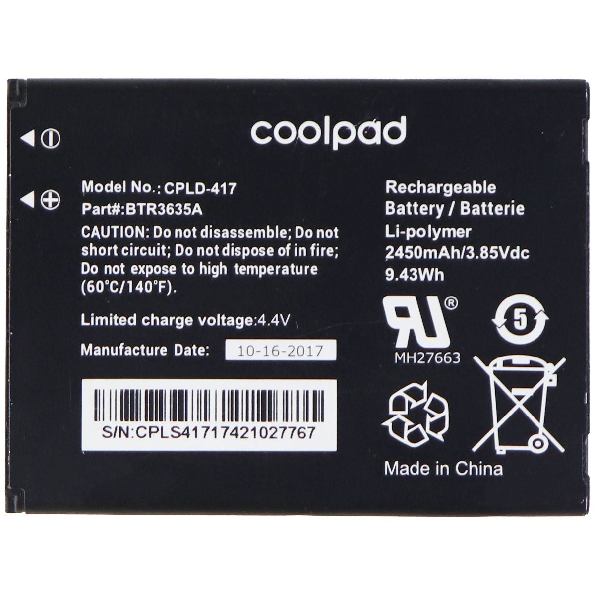 Coolpad Replacement Battery (CPLD-417) 2450mAh for Defiant 3632A - Black Cell Phone - Batteries Coolpad    - Simple Cell Bulk Wholesale Pricing - USA Seller