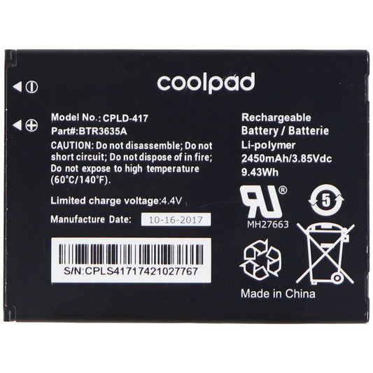 Coolpad Replacement Battery (CPLD-417) 2450mAh for Defiant 3632A - Black Cell Phone - Batteries Coolpad    - Simple Cell Bulk Wholesale Pricing - USA Seller